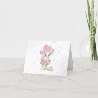 Carte De Remerciements Lapin blanc avec grandes fleurs et coeurs roses