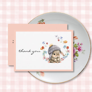 Carte De Remerciements Lapin Fleur de Printemps Aquarelle 1er Anniversair