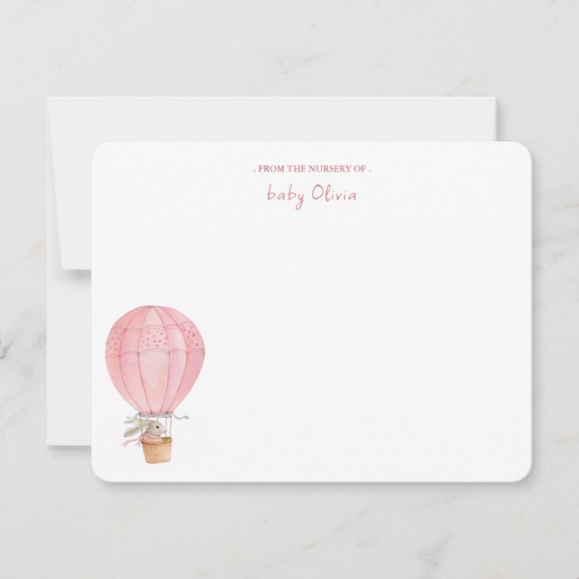 Carte De Remerciements Lapin rose dans le ballon à air chaud Baby girl (Devant)