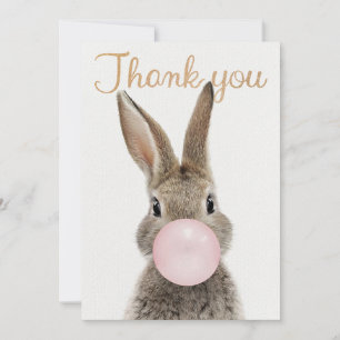 Carte De Remerciements Lapin soufflant un bubble gum rose