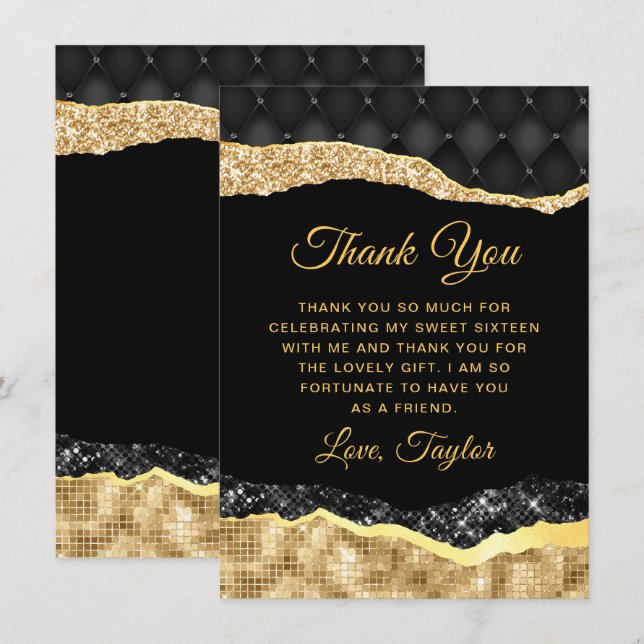Carte De Remerciements Larmes à cristaux noir et or Sweet sixteen (Devant / Derrière)