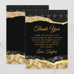 Carte De Remerciements Larmes à cristaux noir et or Sweet sixteen