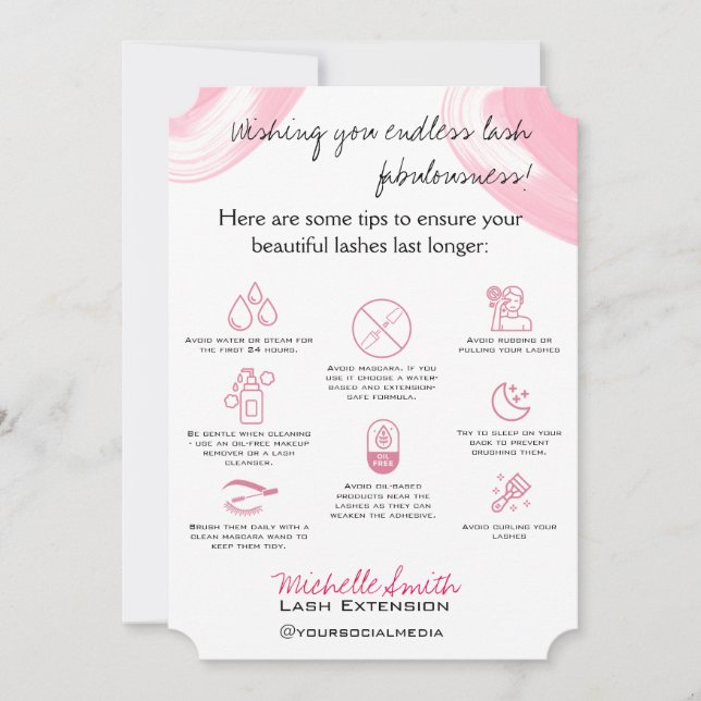 Carte De Remerciements Lash extensions Instructions de suivi Icon Rose (Devant)