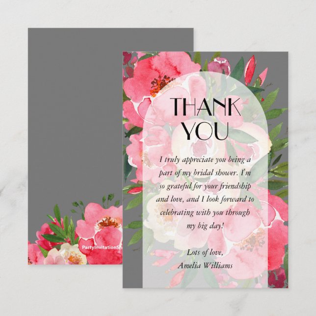 Carte De Remerciements Lavage de Mariage aux Pivoines Roses Grises  (Devant / Derrière)