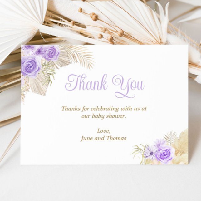 Carte De Remerciements Lavande douce Boho Pampas Floral Girl Baby shower (Créateur téléchargé)
