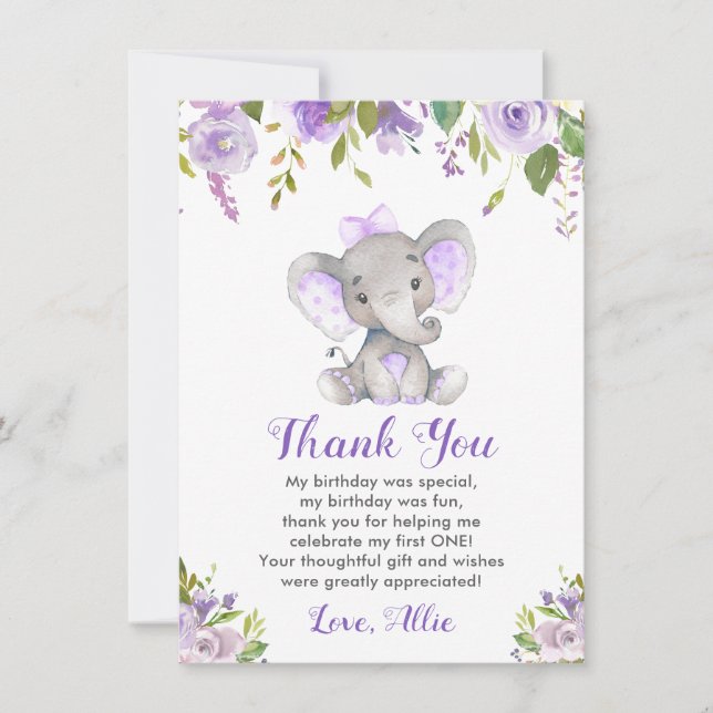Carte De Remerciements Lavande fille 1er premier anniversaire Eléphant vi (Devant)