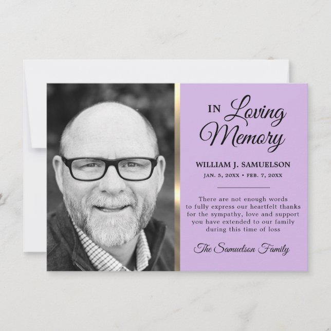 Carte De Remerciements Lavender Gold Sympathy Funeral Memory Photo (Devant)