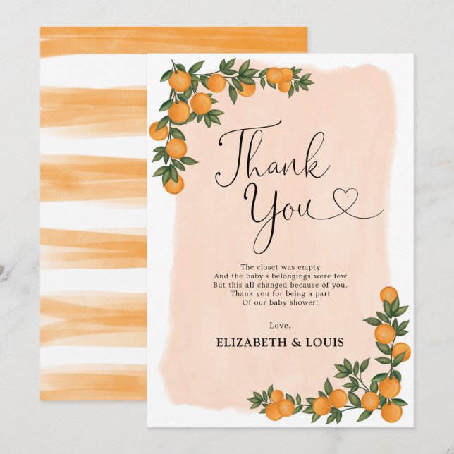 Carte De Remerciements Le Baby shower Botanique Orange Citrus Moderne Pri (Devant / Derrière)