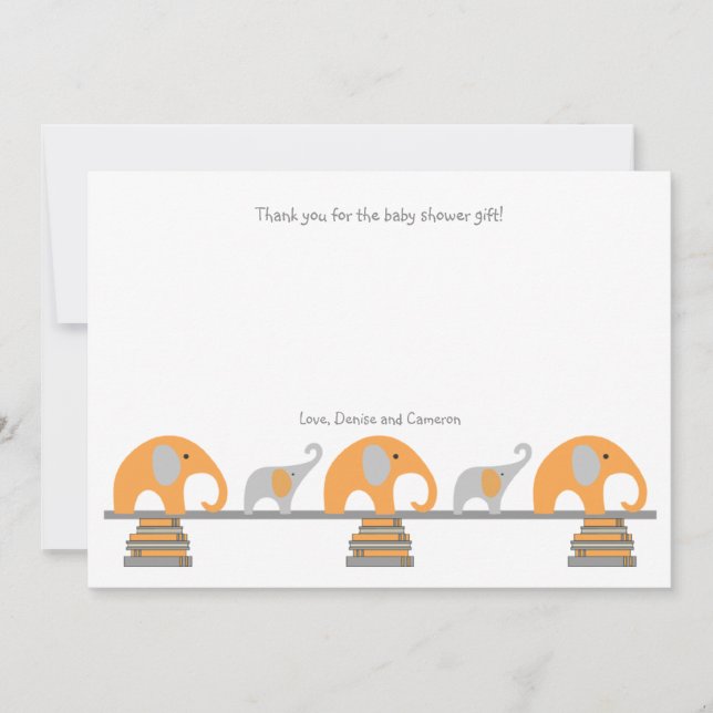 Carte De Remerciements Le baby shower gris orange de livre d'éléphants (Devant)