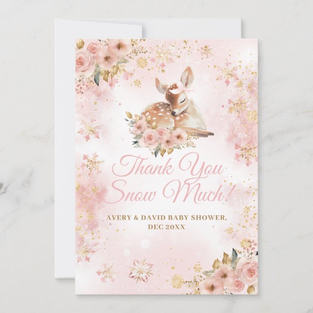 Carte De Remerciements Le cerf d'hiver rose est un Baby shower de fille (Devant)