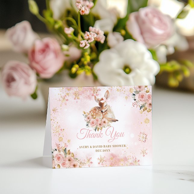 Carte De Remerciements Le cerf d'hiver rose est un Baby shower de fille (Créateur téléchargé)