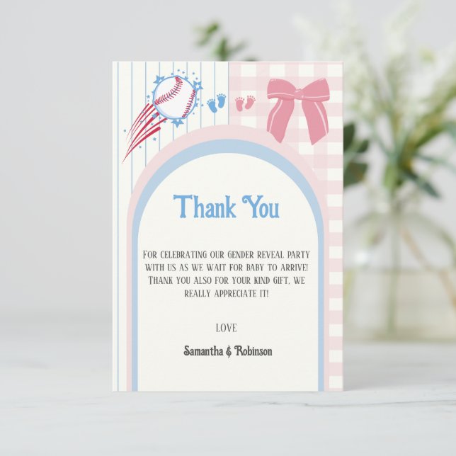 Carte De Remerciements Le genre du bébé révèle des Bébés ou des Bows (Debout devant)