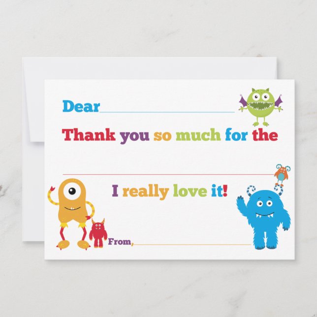 Carte De Remerciements Le monstre d'anniversaire de enfant complètent des (Devant)