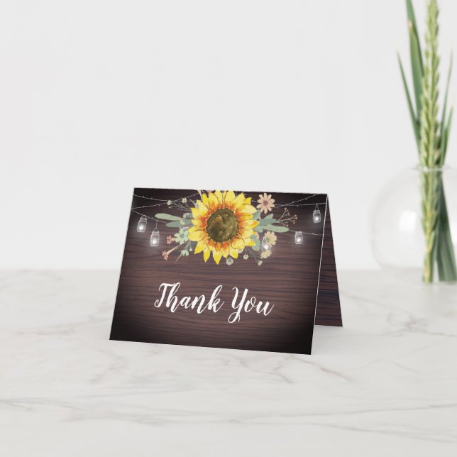 Carte De Remerciements Le pot en bois de tournesol rustique allume le (Devant)