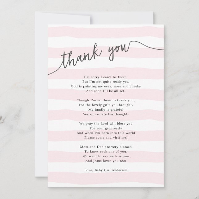 Carte De Remerciements Le rose barre le poème de baby shower de fille (Devant)
