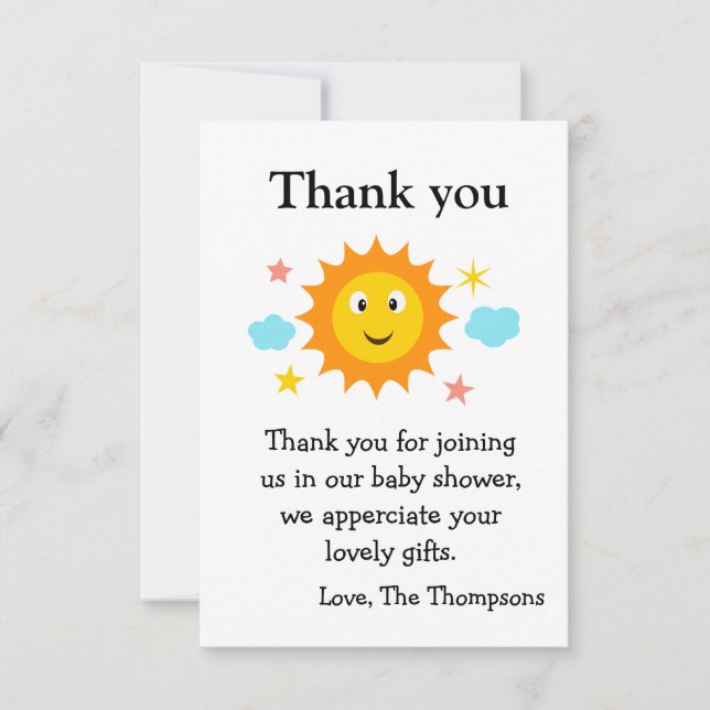 Carte De Remerciements Le Soleil Est Là, Le Baby shower Du Soleil (Devant)