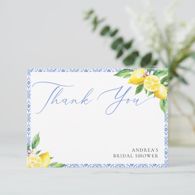 Carte De Remerciements Lemon Italian Positano Blue Fête de Mariage (Debout devant)