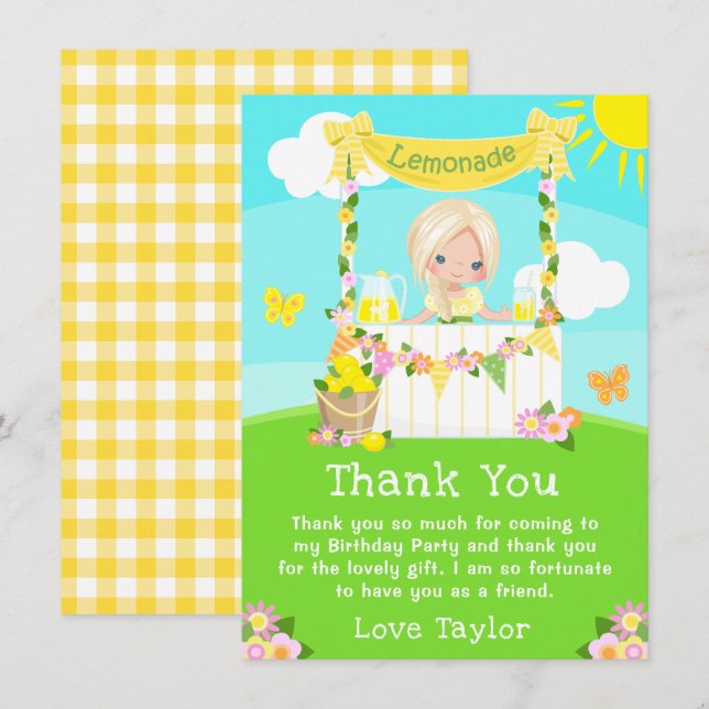 Carte De Remerciements Lemonade Stand Anniversaire Blonde Hair Girl (Devant / Derrière)