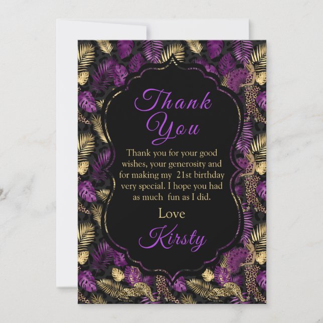 Carte De Remerciements Leopard Safari Palm Feuilles Purple Gold Anniversa (Devant)