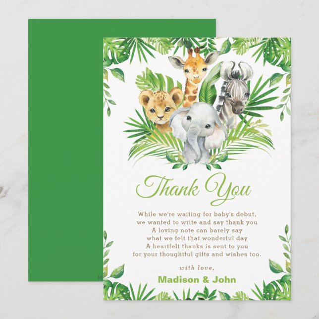 Carte De Remerciements Les animaux de la Jungle verdoyante Baby shower ne (Devant / Derrière)