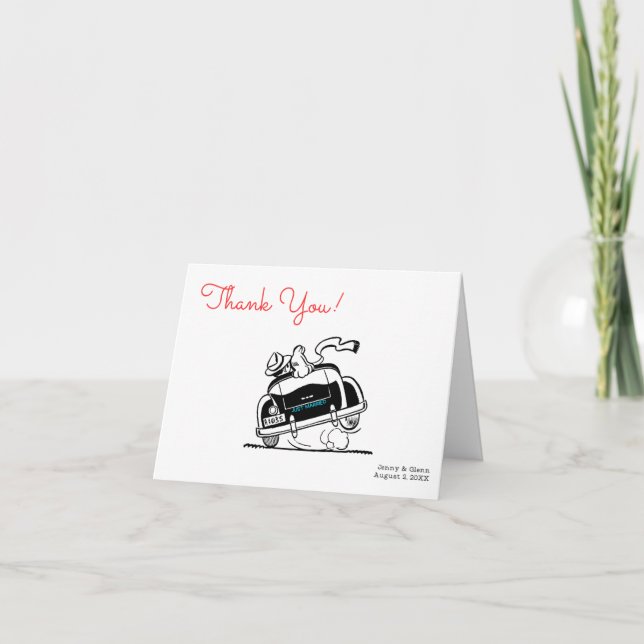 Carte De Remerciements les années 50 Style Couple en Mariage automobile (Devant)