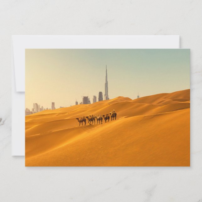 Carte De Remerciements Les déserts | Vue Skyline de Dubaï avec chameaux (Devant)