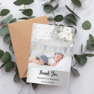 Carte De Remerciements Les fleurs blanches en argent croisent la photo de