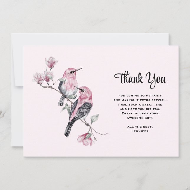 Carte De Remerciements Les oiseaux chanteurs roses sur une branche d'arbr (Devant)