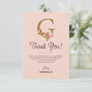 Carte De Remerciements Lettre G Monogramme Or Roses Rose Pâle