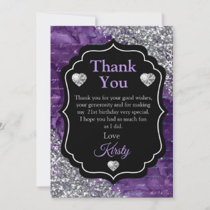 Carte De Remerciements Lettres de Sirène Violette Paillettes d'Argent Mer