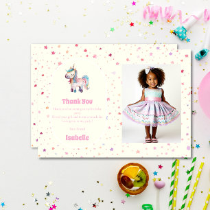 Carte De Remerciements Licorne Rose Pastel Fille Photo Anniversaire