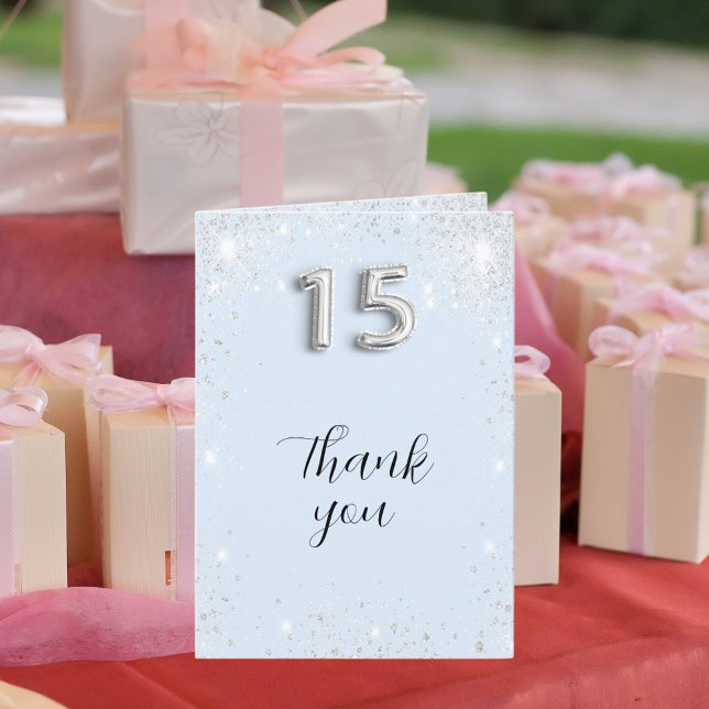 Carte De Remerciements Light baby blue silver glitter photo Quinceanera (Créateur téléchargé)