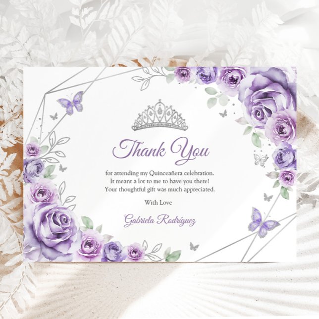 Carte De Remerciements Lilac Purple Silver Floral Quinceanera (Créateur téléchargé)