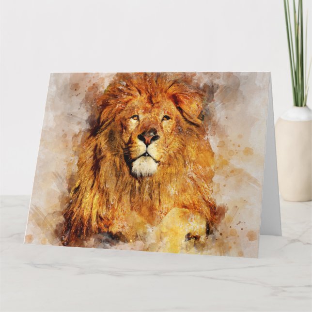 Carte De Remerciements Lion mâle avec grand portrait d'aquarelle de manne (Devant)