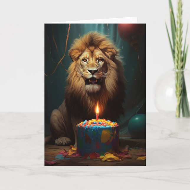 Carte De Remerciements Lion puissant avec un gâteau d'anniversaire (Devant)