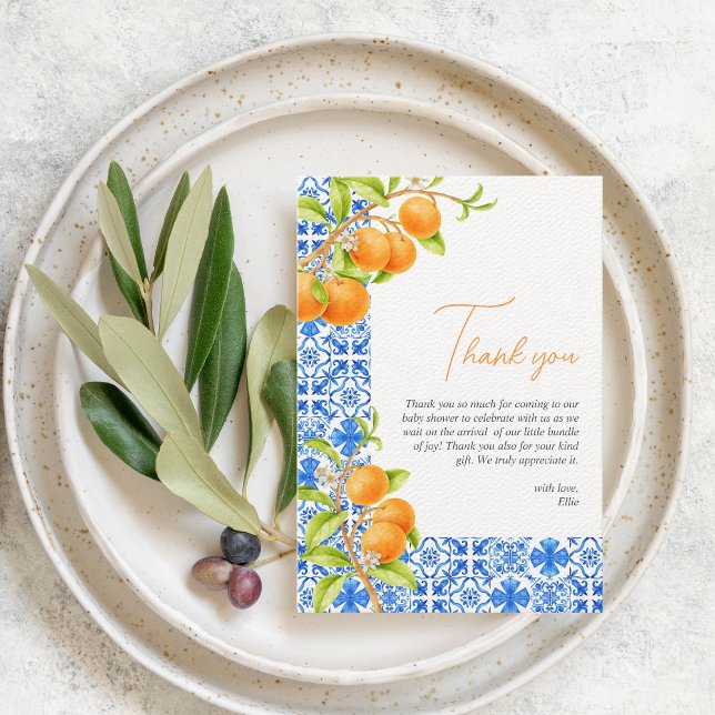 Carte De Remerciements Little Cutie | Carreaux bleus esthétiques et agrum (Little cutie | Baby shower Thank you Card)