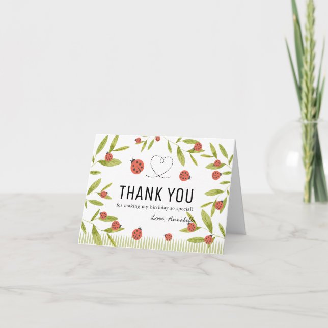 Carte De Remerciements Little Love Bug Ladybug Leaf Girl Birthday (Devant)