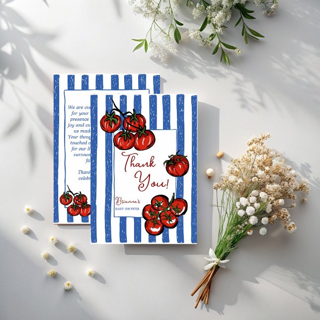 Carte De Remerciements Little tomato blue stripes Italian baby shower (Little tomato blue stripes Italian  farmers market baby shower Thank You Cards)