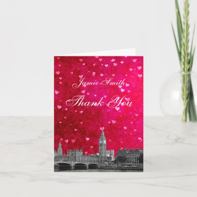 Carte De Remerciements Londres Royaume-Uni Skyline Hot Rose Red Heart Mer (Devant)