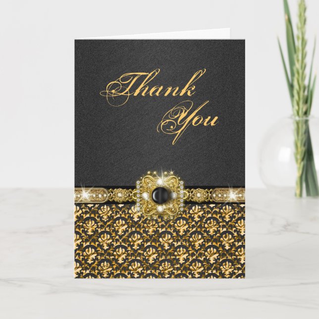 Carte De Remerciements L'or noir "vous remercient" damassé de mariage (Devant)