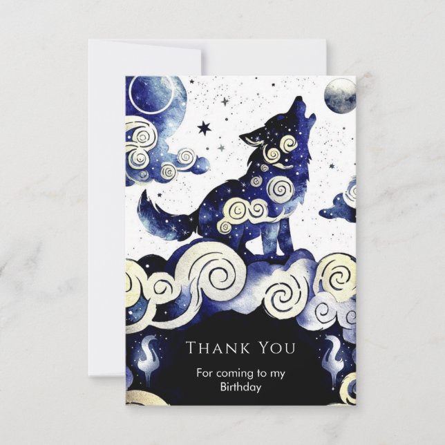 Carte De Remerciements Loup fantaisiste à l'aquarelle pour un anniversair (Devant)