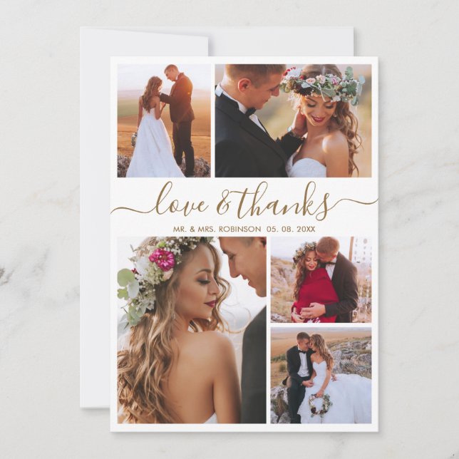Carte De Remerciements Love and Thanks Gold Script Photo Collage Mariage (Devant)