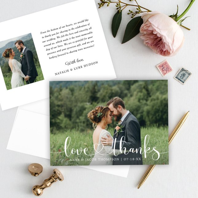 Carte De Remerciements Love and Thanks Heart Script Mariage Photo (Créateur téléchargé)