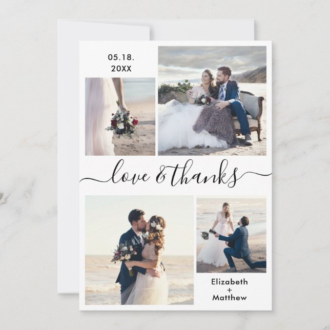 Carte De Remerciements Love and Thanks Script 4 Photo Collage Mariage (Devant)