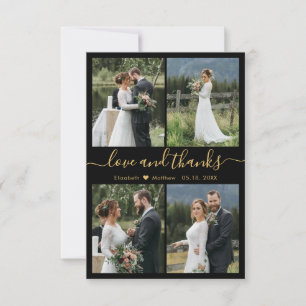 Carte De Remerciements Love and Thanks Script Black Gold Collage Mariage
