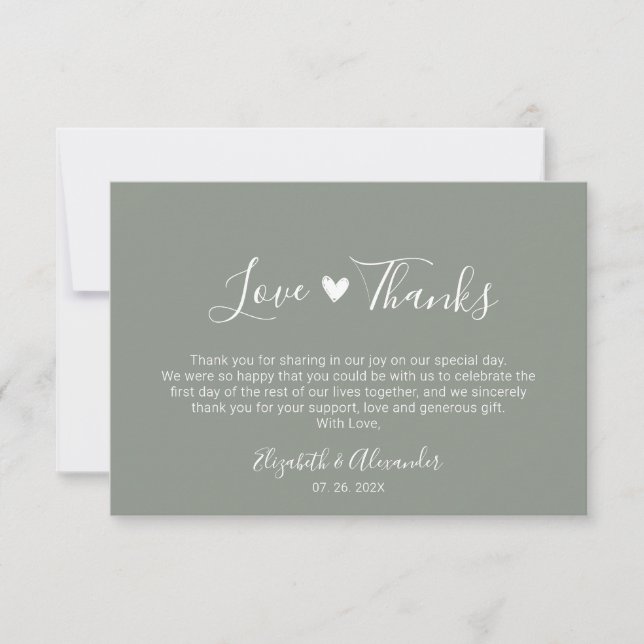Carte De Remerciements Love and Thanks Script Earthy Sage Green Wedding (Devant)
