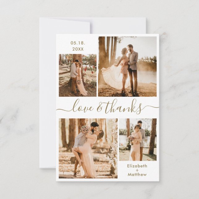 Carte De Remerciements Love and Thanks Script Gold White Collage Mariage (Devant)