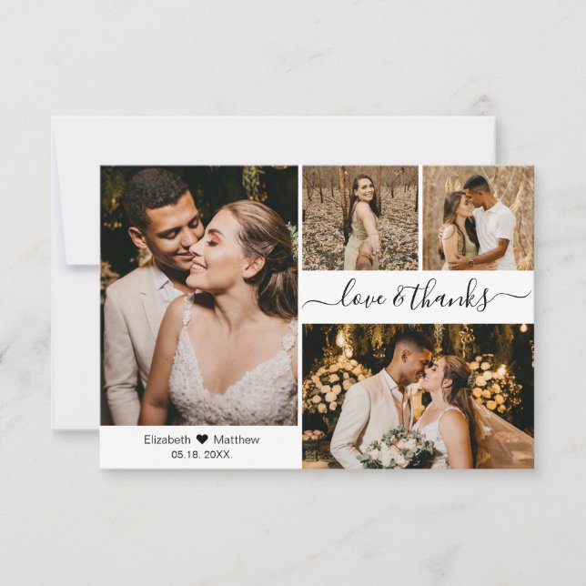 Carte De Remerciements Love and Thanks Script Mariage 4 Photo Collage (Devant)