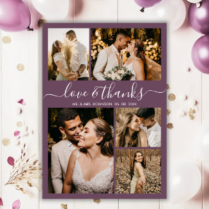Carte De Remerciements Love and Thanks Script Mauve Photo Collage Mariage