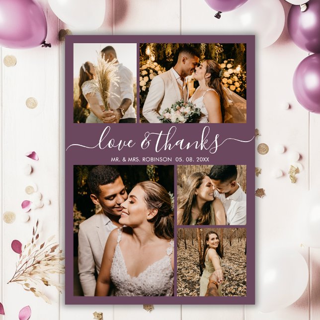 Carte De Remerciements Love and Thanks Script Mauve Photo Collage Mariage (Créateur téléchargé)